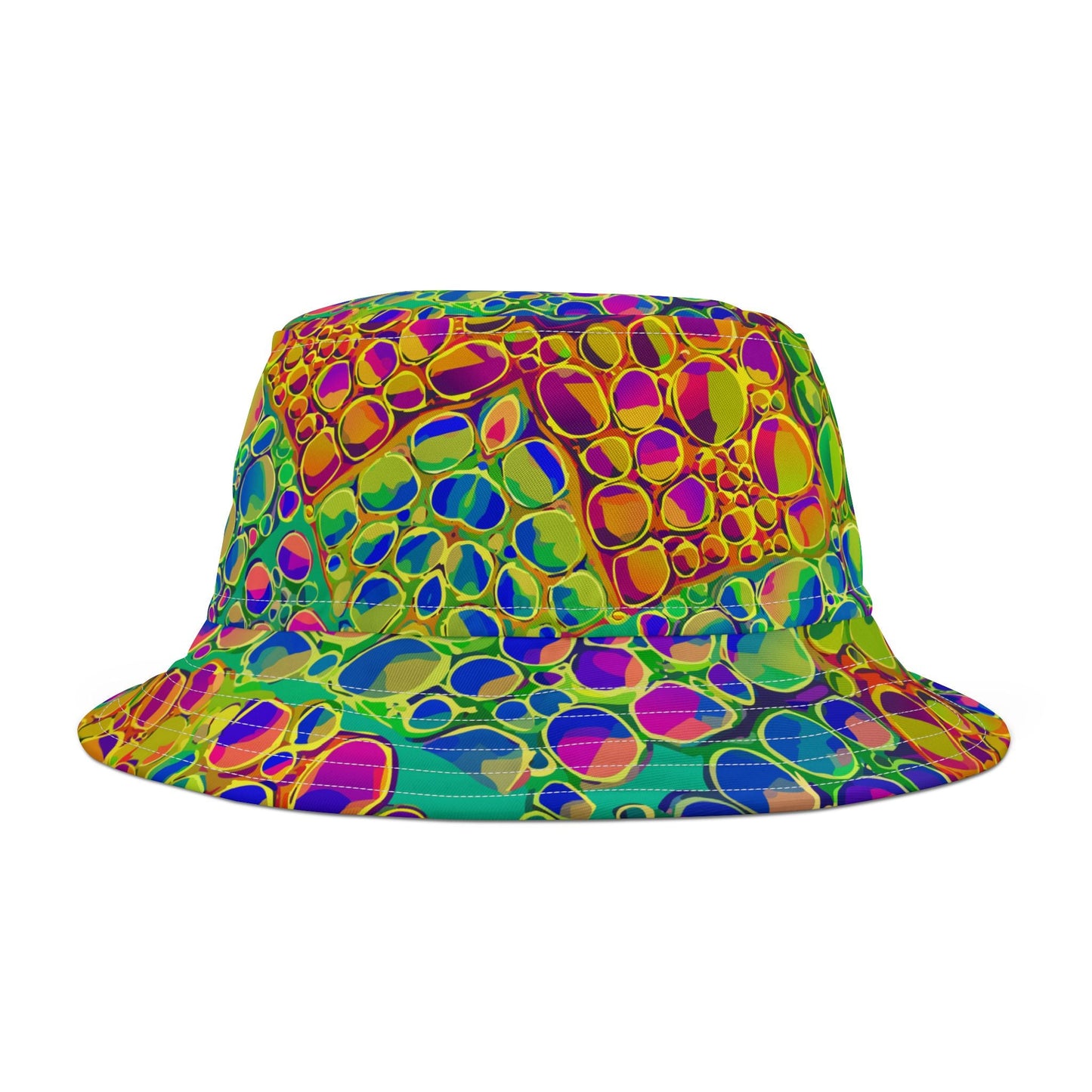 Mind-Melting Visuals AOP Bucket Hat | Dyles Mavis Hot-Pink & Lime Psychedelic Hypno-Dot Print — Made in USA Festival Streetwear Hat (Unisex)