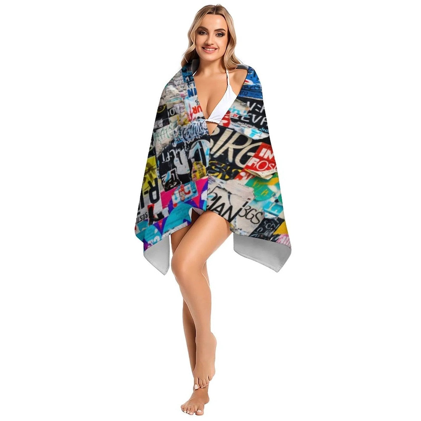 StreetsmART Sticker Bomb AOP Microfiber Beach Towel | 61"×30" Oversized Quick-Dry Festival Pool Towel — Urban Collage Maximalist Sublimation Print