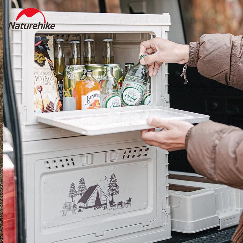 Naturehike Multi-Functional Camping Storage Box 25L / 50L Outdoor PP 2 Door Optional + 5L / 10L Compartment Wood Tabletop up to 150kg Stacking Table