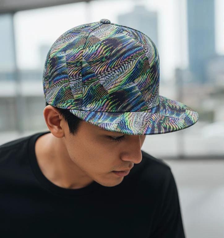 Main Character Flat Brim for Streetwear Collectors — Fractal Art AOP Snapback, Psychedelic Festival Cap, Alt Fashion Headwear, Moss Teal Ochre Print