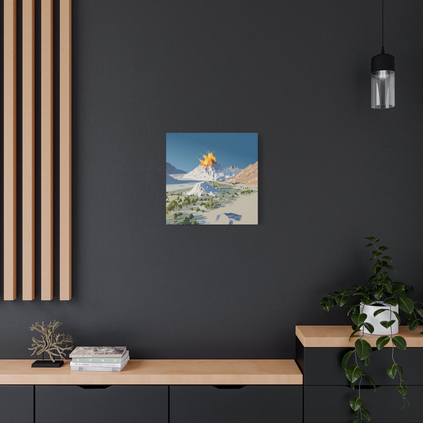 Tropical Volcano Eruption Canvas Wall Art | Stylized National-Park Vector Print on FSC-Certified Stretched Matte Canvas — Mystery Island Decor