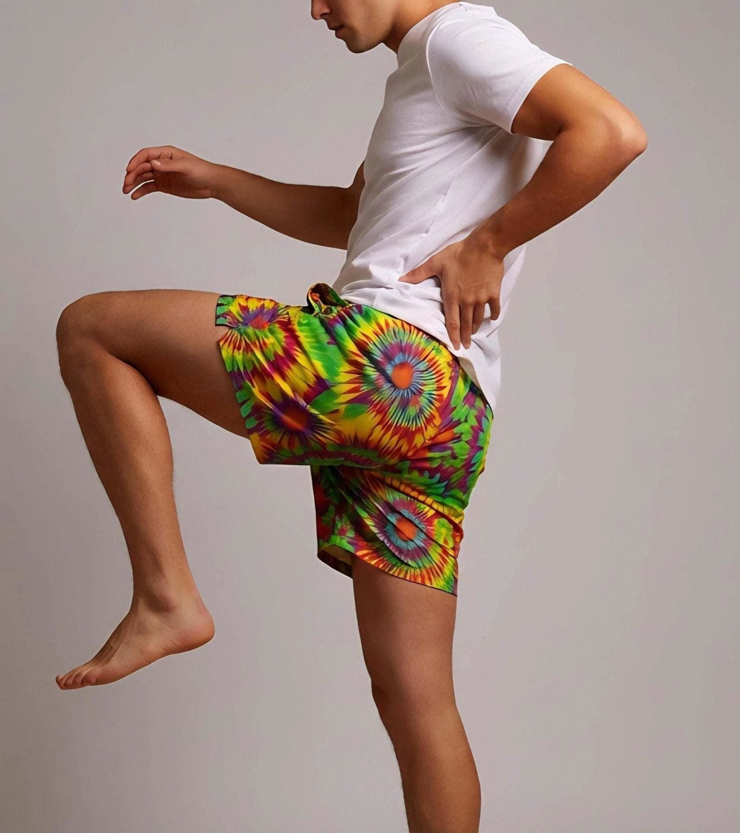 Neon Radial Burst Athletic Shorts for Rave Fitness and Yoga Dressers — Vibrant Psychedelic AOP Swim Trunks, Bold Festival Pool Party Bottoms