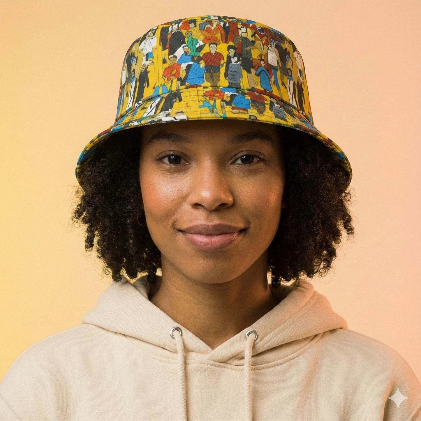 Crowd Theory Illustrated Bucket Hat for Urban Maximalists — Dyles Mavis AOP Where's-Waldo Collage, Bold Yellow Festival Headwear, Made in USA