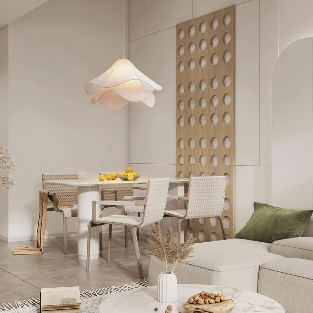 White Japandi Fabric pendant lights LED Light With Wavy Shade