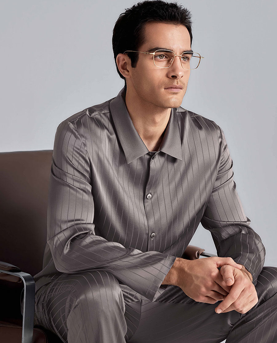 Aimer Men Mulberry Silk Camp Collar Pajama Top