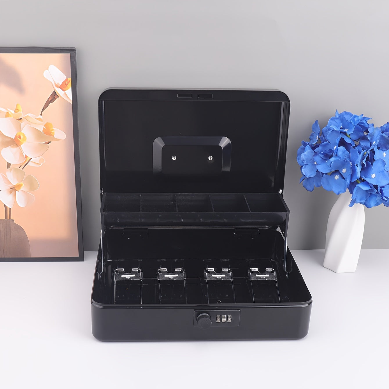 Large Portable Metal Cash Box with Lock & Tray TJR6H3S