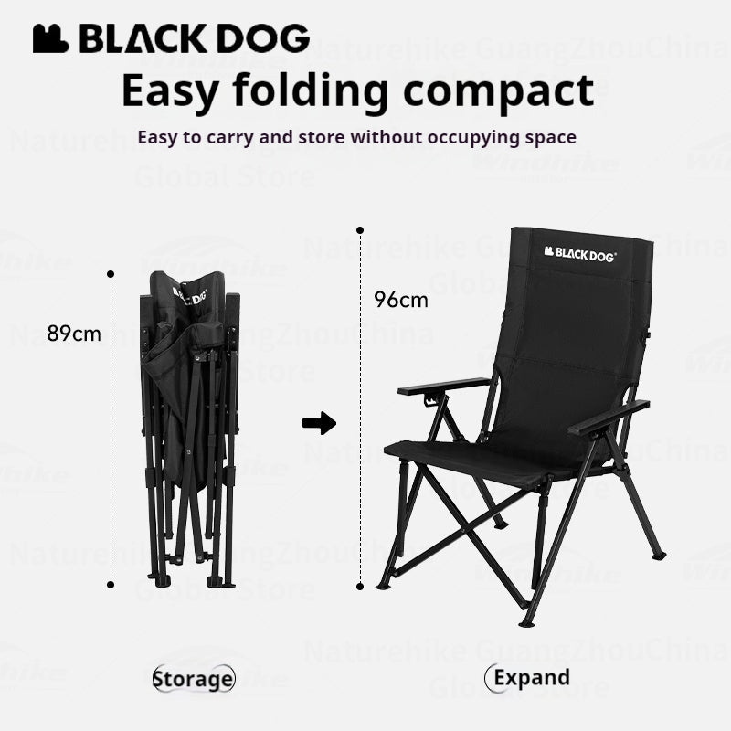 BLACKDOG High Back Folding Recliner Portable Lounger Chair High Backrest Load Bearing 120kg Carbon Steel Wood Armchair 4 Adjustable Camping Seat