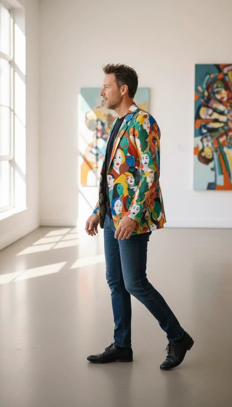 Urban Crowd Faces Designer Blazer - Bold All-Over Print Cotton Suit Jacket for Creatives