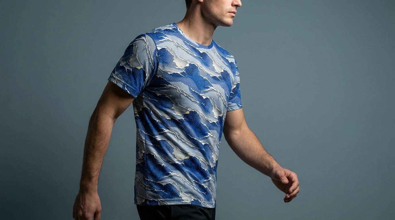 Seigaiha Wave AOP T-Shirt | Blue Geometric Pattern 140g