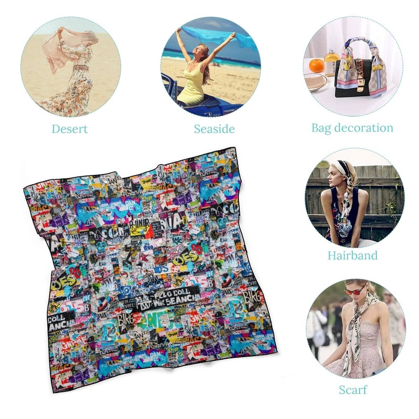 Graffiti Comic Collage Women's Scarf — Street Art AOP Silky Square Wrap, Loud Accessory Statement