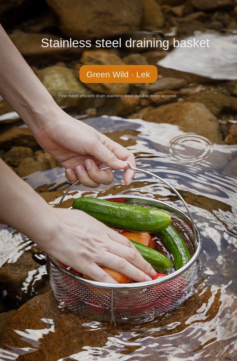 Campingmoon CC-22 Stainless Steel Drain Basket Portable Lightweight Round Mesh Net Strainer For Washing Draining Foods Folding Handle Filter Basket