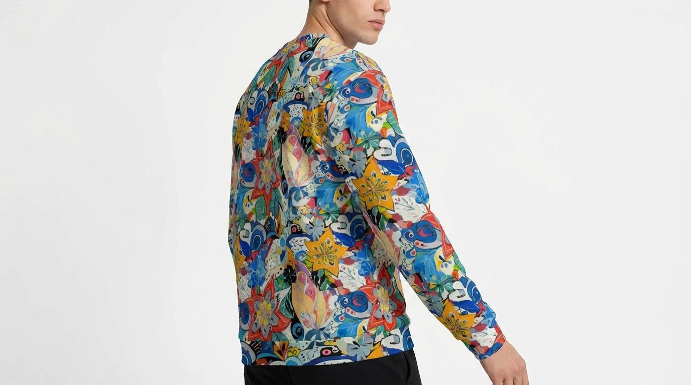 Floral Fusion Maximalist Crewneck for Dopamine-Dressing Streetwear Heads — 310gsm Cotton AOP, Psychedelic Eye Floral Collage