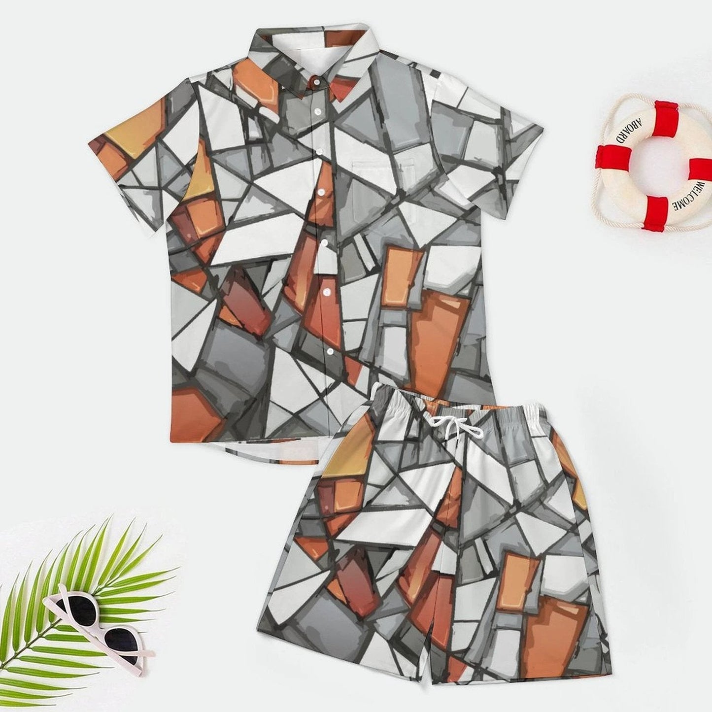Shattered Mosaic Shirt & Shorts Set — Stone & Amber Fragment AOP Matching Two-Piece Summer Fit