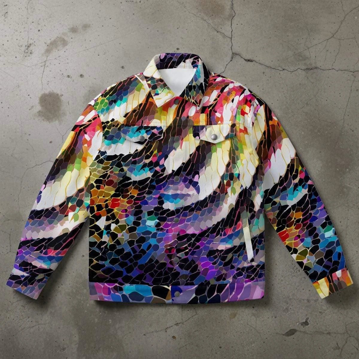 Rainbow Mosaic Shattered Glass Jacket - Primal Print Psychedelic Art Coat for Festival Headliners
