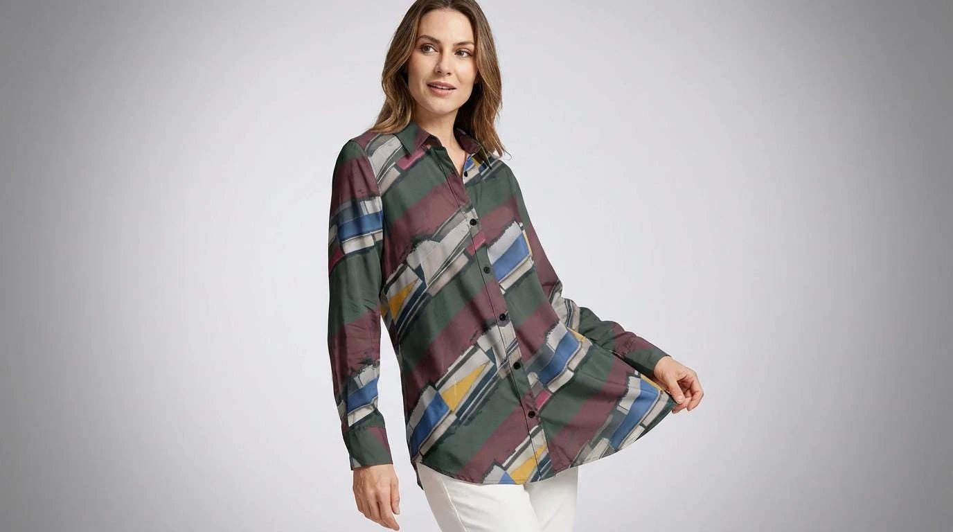 Modern Abstract Geometric Brushstroke Blouse for Earthy Jewel Tone Dressers — Dyles Mavis AOP Acid Marble Top, Chaos-Core Liquid Stretch Fashion
