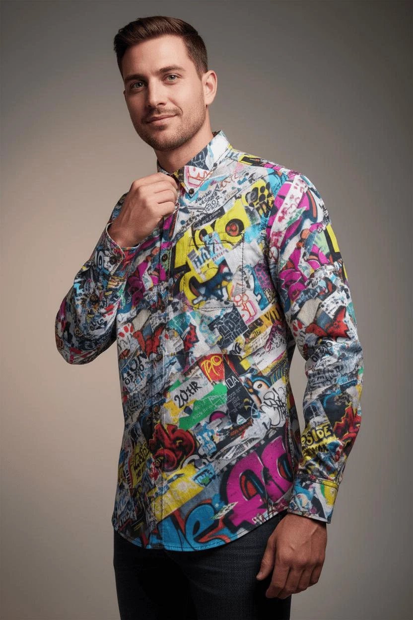 Vibrant Vigilante AOP Men's Slub Cotton Dress Shirt | 125gsm Antibacterial Maximalist Button-Down for Wine Country