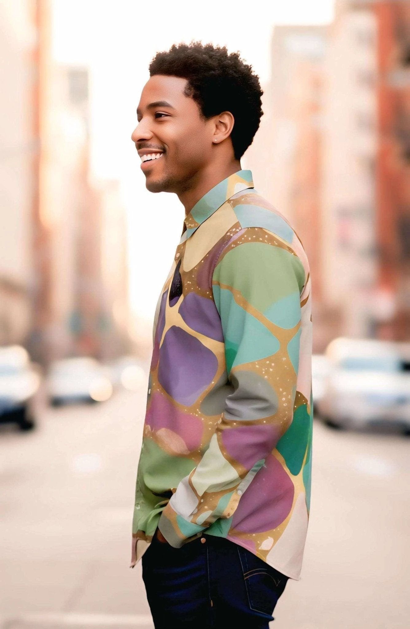 Emerald Shards Luxury Button-Down for Modern Creative Professionals — 115gsm Cotton Poplin AOP, Concealed Placket Geometric Print, Gallery Formalwear