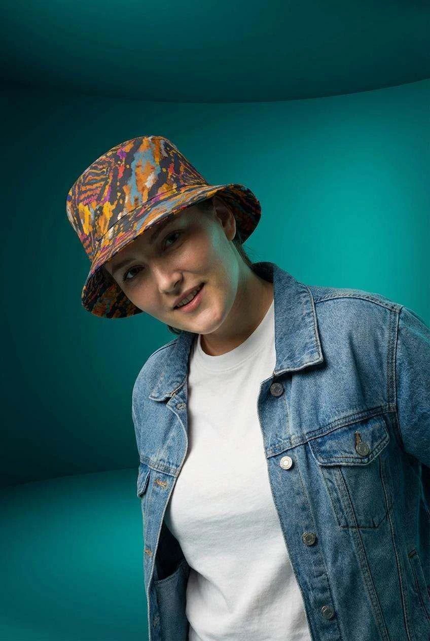 Toasted Marshmallow Campfire Bucket Hat - Abstract Organic Print Outdoor Hat for Glamping & Festivals