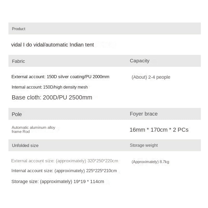 Vidalido Fast Automatic Indian Tent Style Teepee Tent Large Space For Up To 4 Person Quick Build Pyramid Tent 7.2m² Interior Space Waterproof Camping