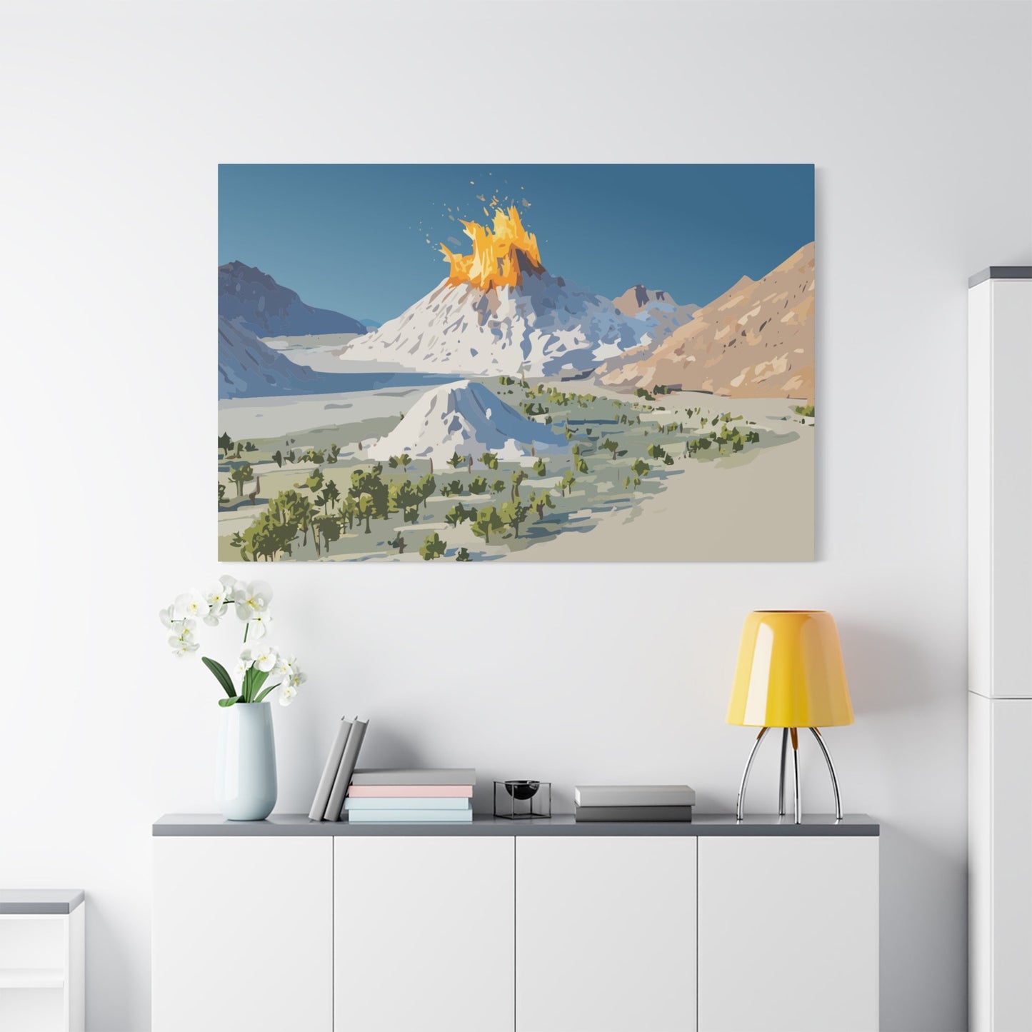 Tropical Volcano Eruption Canvas Wall Art | Stylized National-Park Vector Print on FSC-Certified Stretched Matte Canvas — Mystery Island Decor