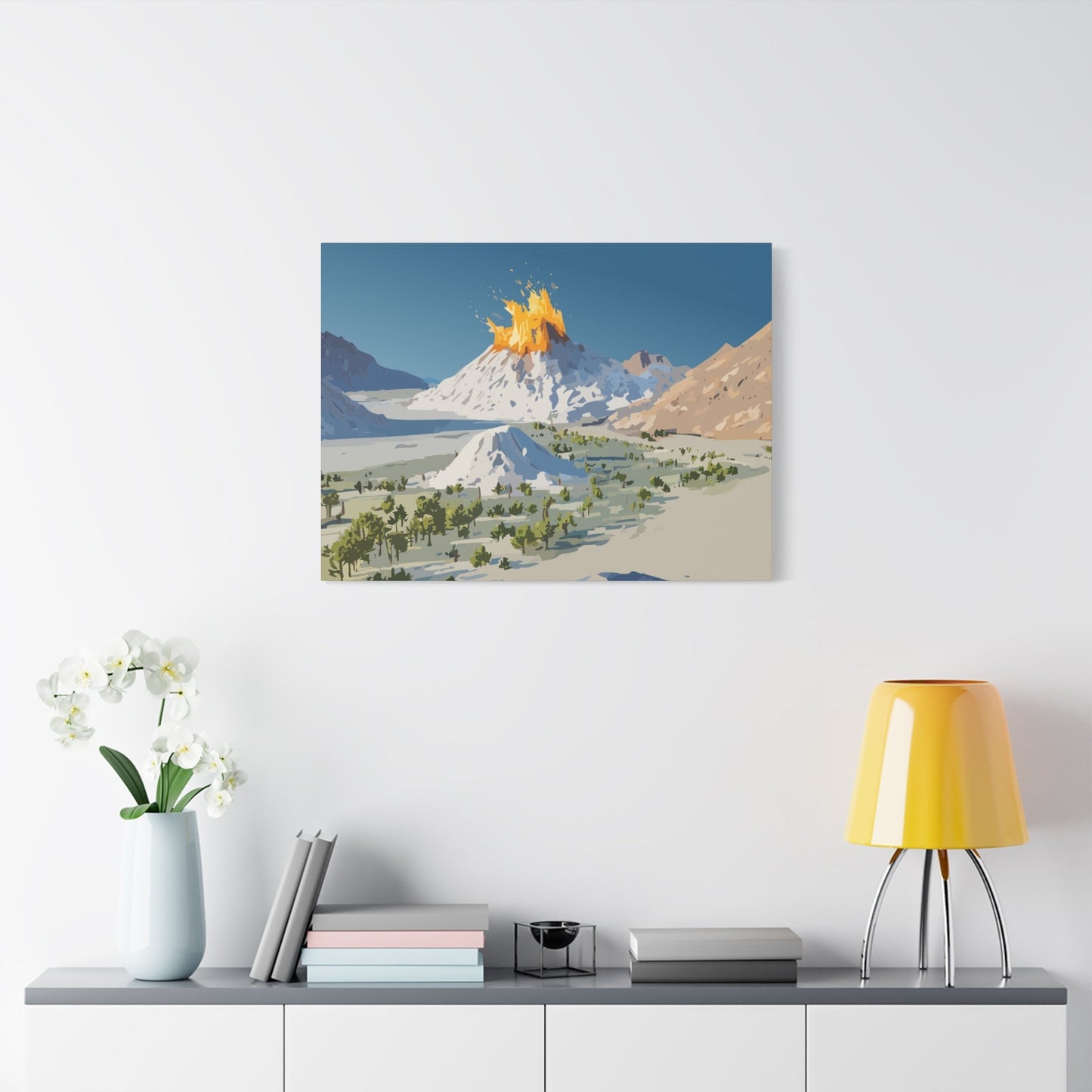 Tropical Volcano Eruption Canvas Wall Art | Stylized National-Park Vector Print on FSC-Certified Stretched Matte Canvas — Mystery Island Decor