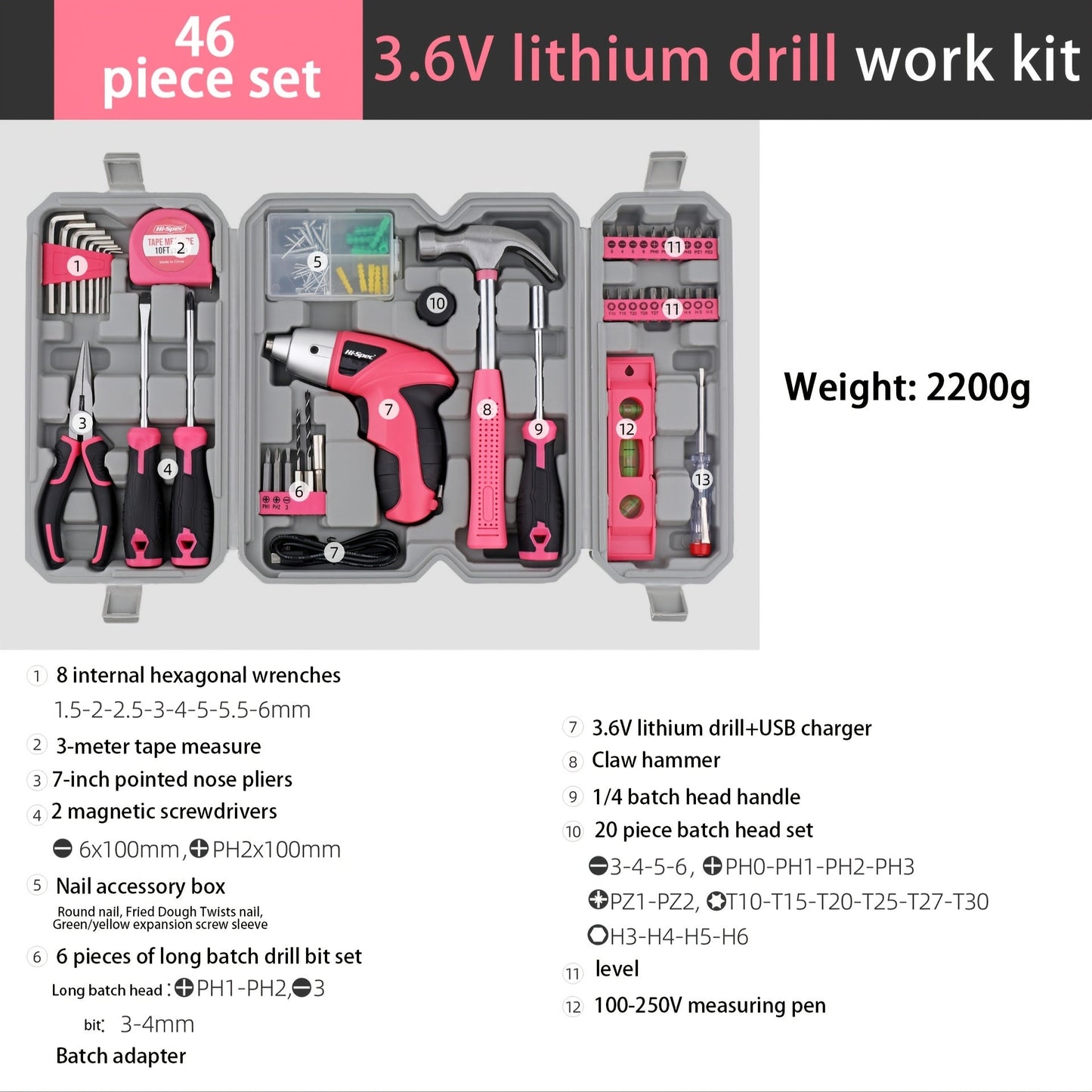 Hi-Spec 46pcs Cordless Power Tool Kit for Home DIY Projects TJR5Z3T