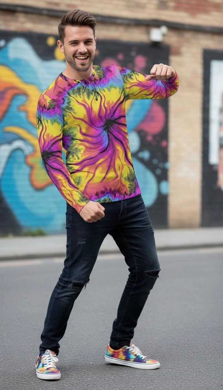 Cyber-Marble Liquid Glitch Long Sleeve Henley — Maximalist AOP Streetwear Top, 280gsm Polyester-Spandex, Glitchcore Digital Marble Print