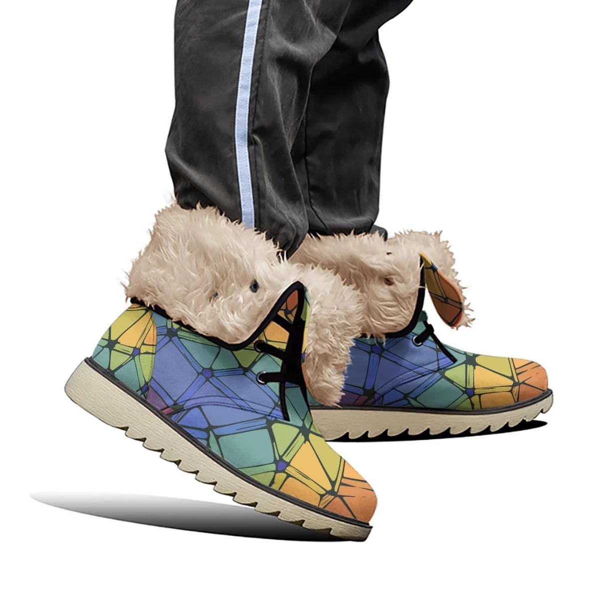 Charismatic Camo Plush Boots for Urban Maximalists — Bold Abstract Print Men's Winter Shoes, Non-Slip Rubber Sole, Warm Tactical Statement Footwear