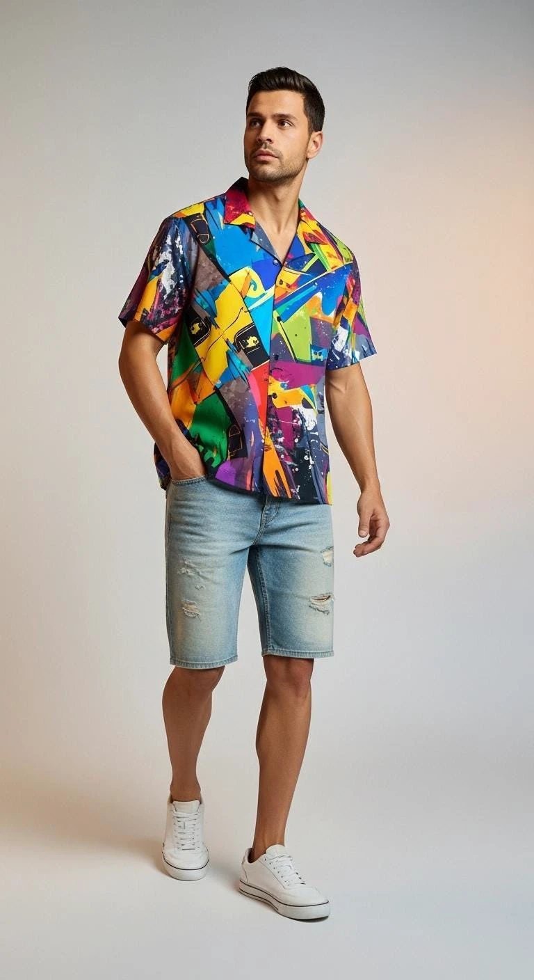 Trippy Tropics Vaporwave Hawaiian Shirt - Vibrational Vector AOP Button-Up for Cyber-Vacation & Festivals