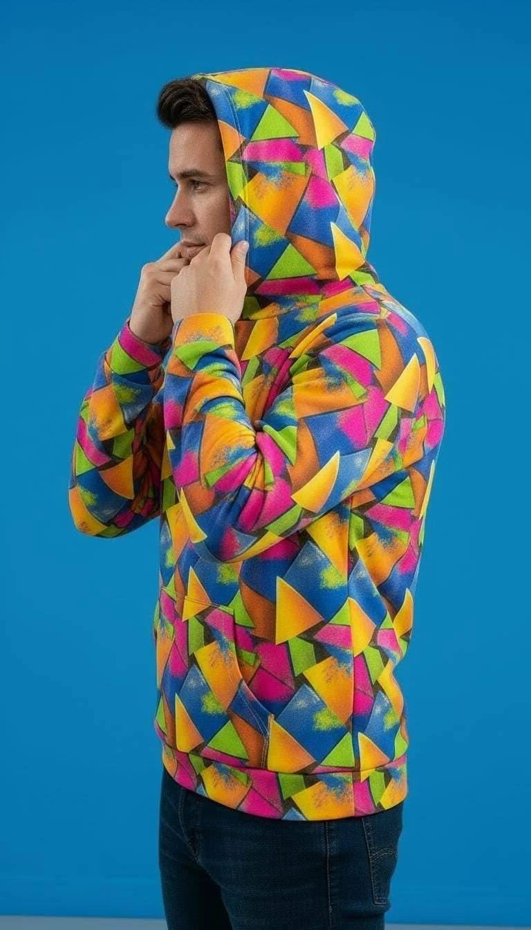 Vibrant Geometric Triangle Print Hoodie - Bold Maximalist Streetwear Pullover for Rave Style