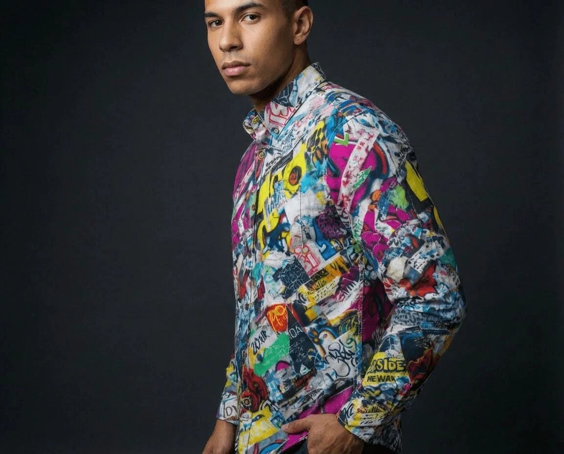 Graffiti Print Cotton Poplin Shirt for Creative Directors and Urban Stylists — Antibacterial AOP Designer Workwear, Smart-Casual Street Art Statement