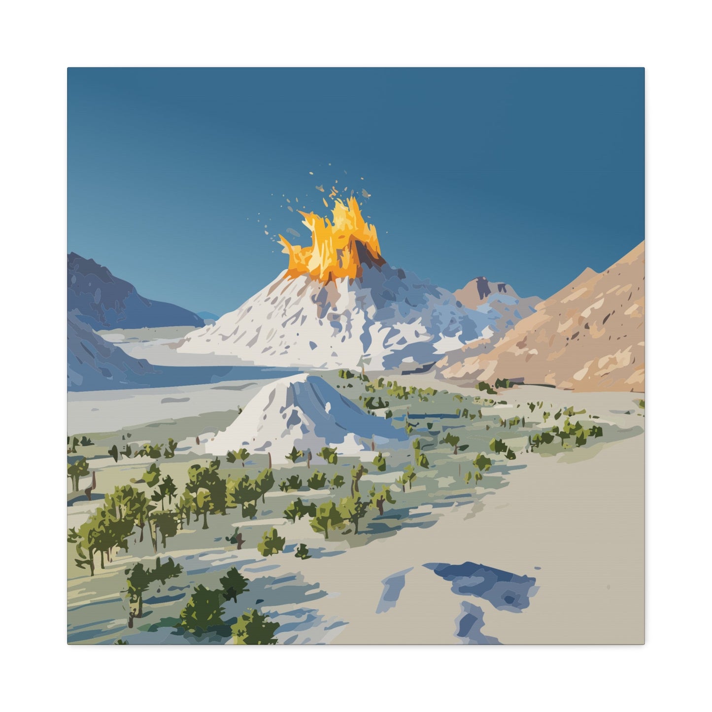 Tropical Volcano Eruption Canvas Wall Art | Stylized National-Park Vector Print on FSC-Certified Stretched Matte Canvas — Mystery Island Decor