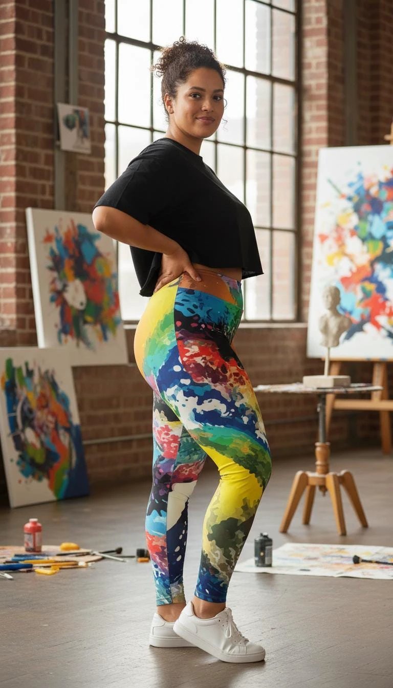 Maximalist Paint Splash Leggings for Plus Size Self-Expressers — Abstract Expressionist AOP Tights, Festival Yoga Wear, Inclusive Bold Activewear