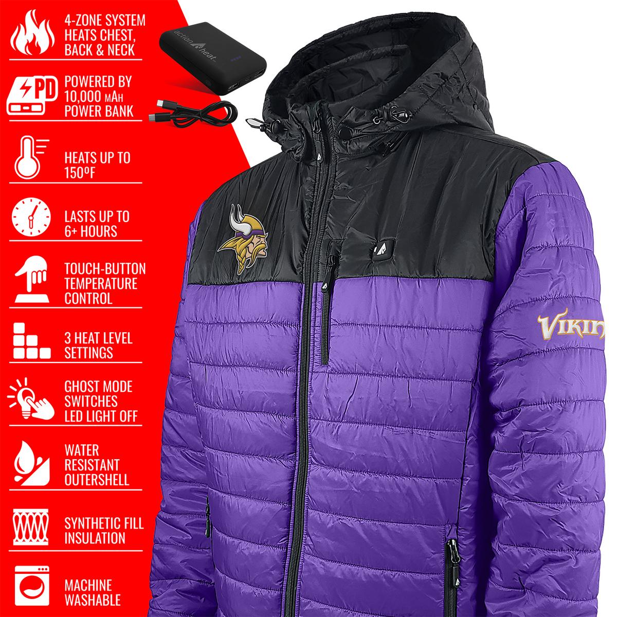ActionHeat Minnesota Vikings 5V Men's Colorblock Puffer Battery Heated Jacket