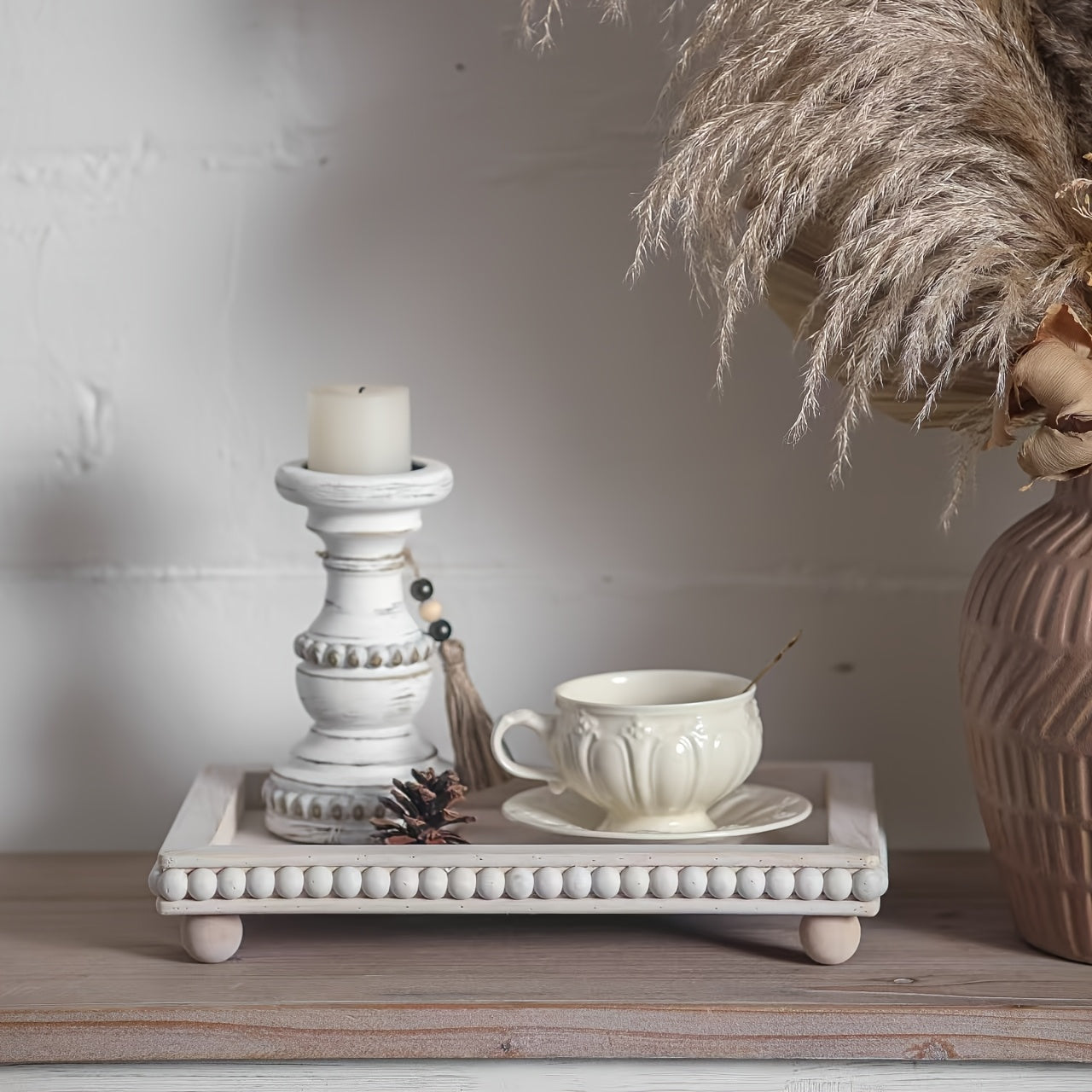 Chic 30.48cm White Wood Beaded Round Tray - PR3N