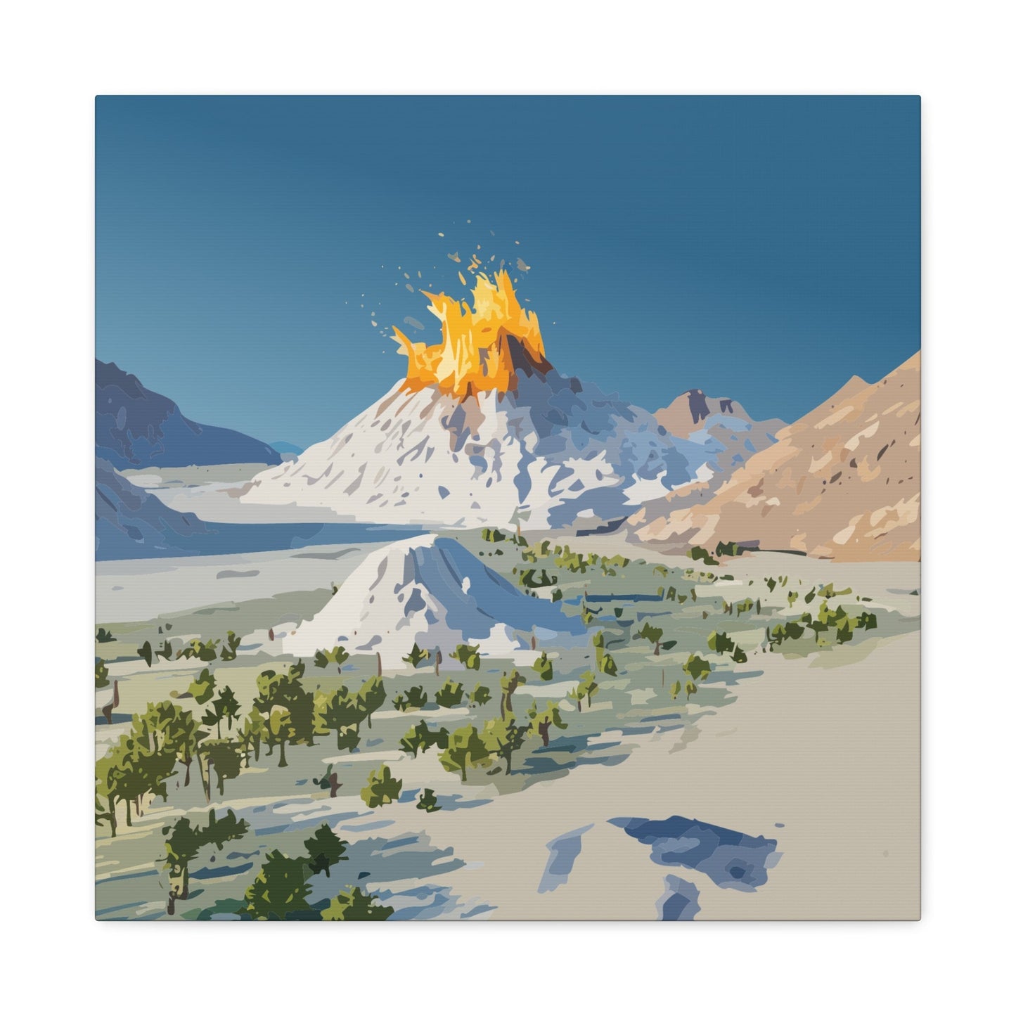 Tropical Volcano Eruption Canvas Wall Art | Stylized National-Park Vector Print on FSC-Certified Stretched Matte Canvas — Mystery Island Decor
