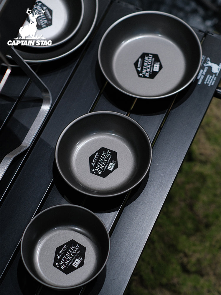 CAPTAIN STAG Metallic Black Coat Tableware Portable Lightweight Dish Plate Bowl Utensil Outdoor Camping Cooking Equipment Made in Japan