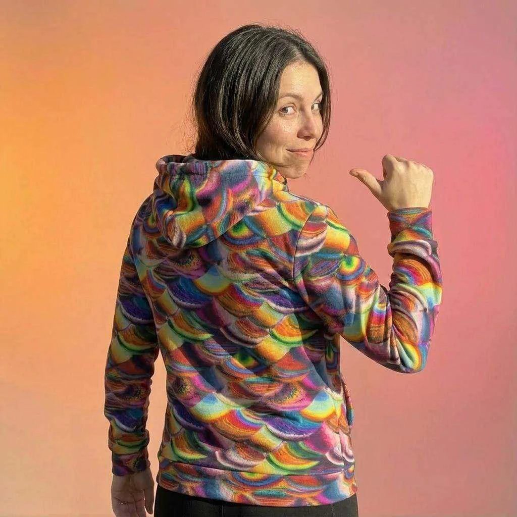 Prismatic Dragon Scale Athletic Hoodie for Fantasy and Bold Fitness Dressers — Rainbow AOP Maximalist Activewear