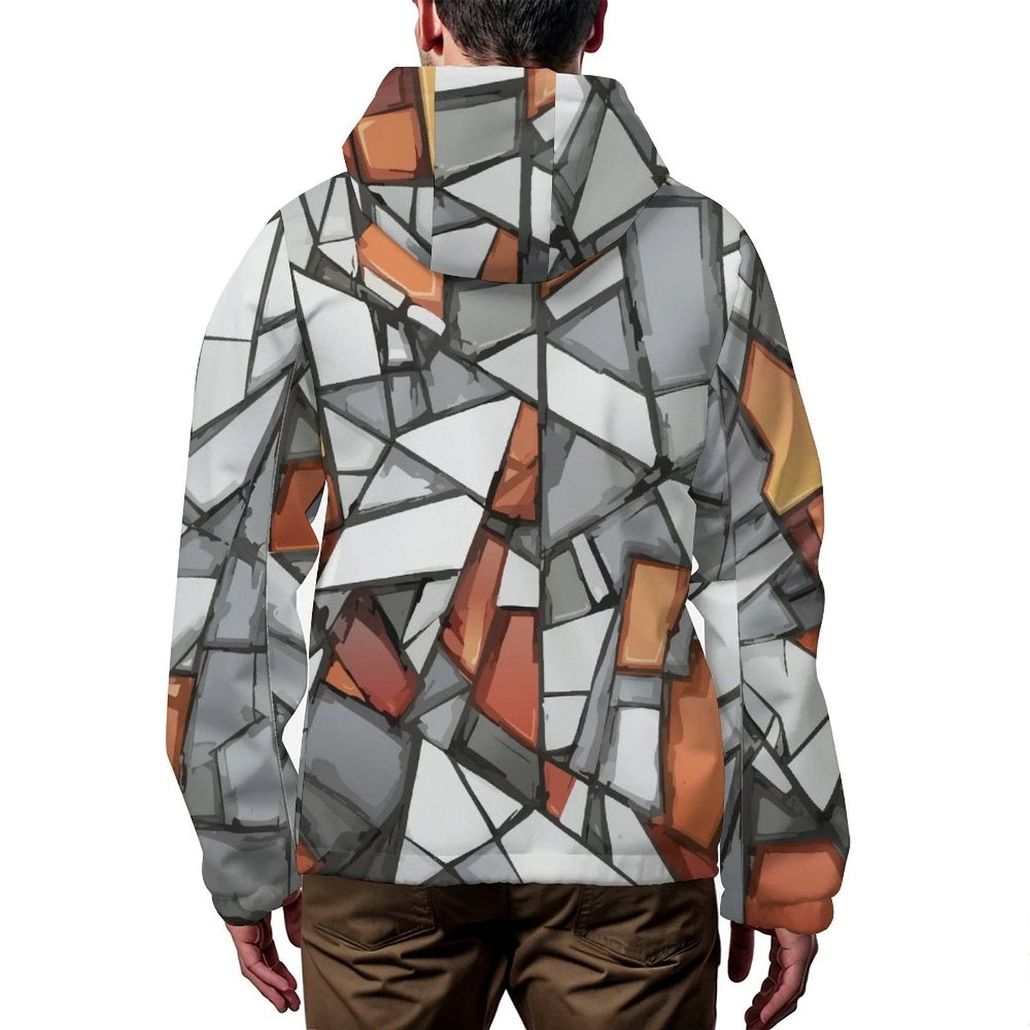 Shattered Mosaic Hooded Trench Coat — Stone & Amber Stained-Glass AOP Short Rain Layer for Urban Rebels