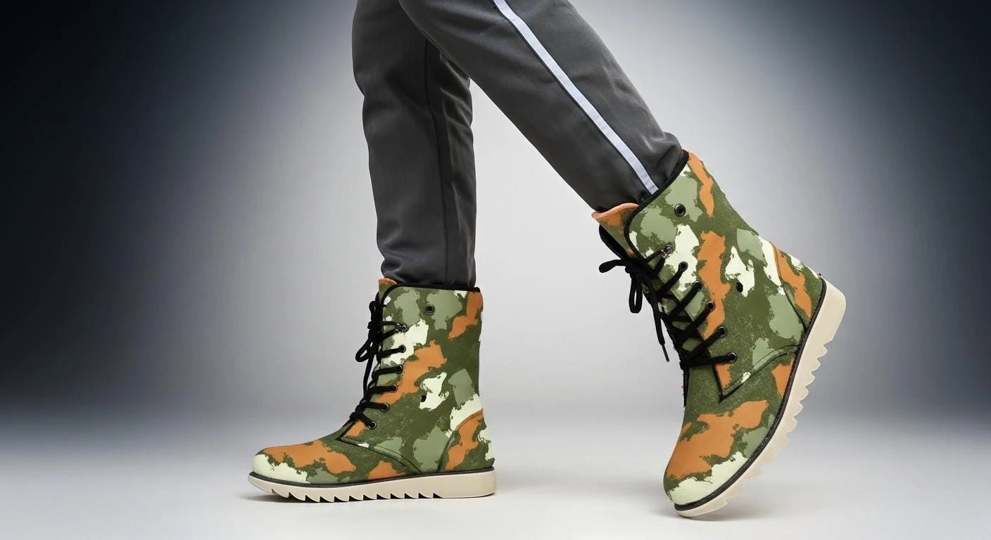 Glitch Camo Combat Boots for Urban Explorers — Concrete Jungle AOP Martin-Style Boots, Plush-Lined Winter Footwear, Alt Fashion, Men's Wearable Art