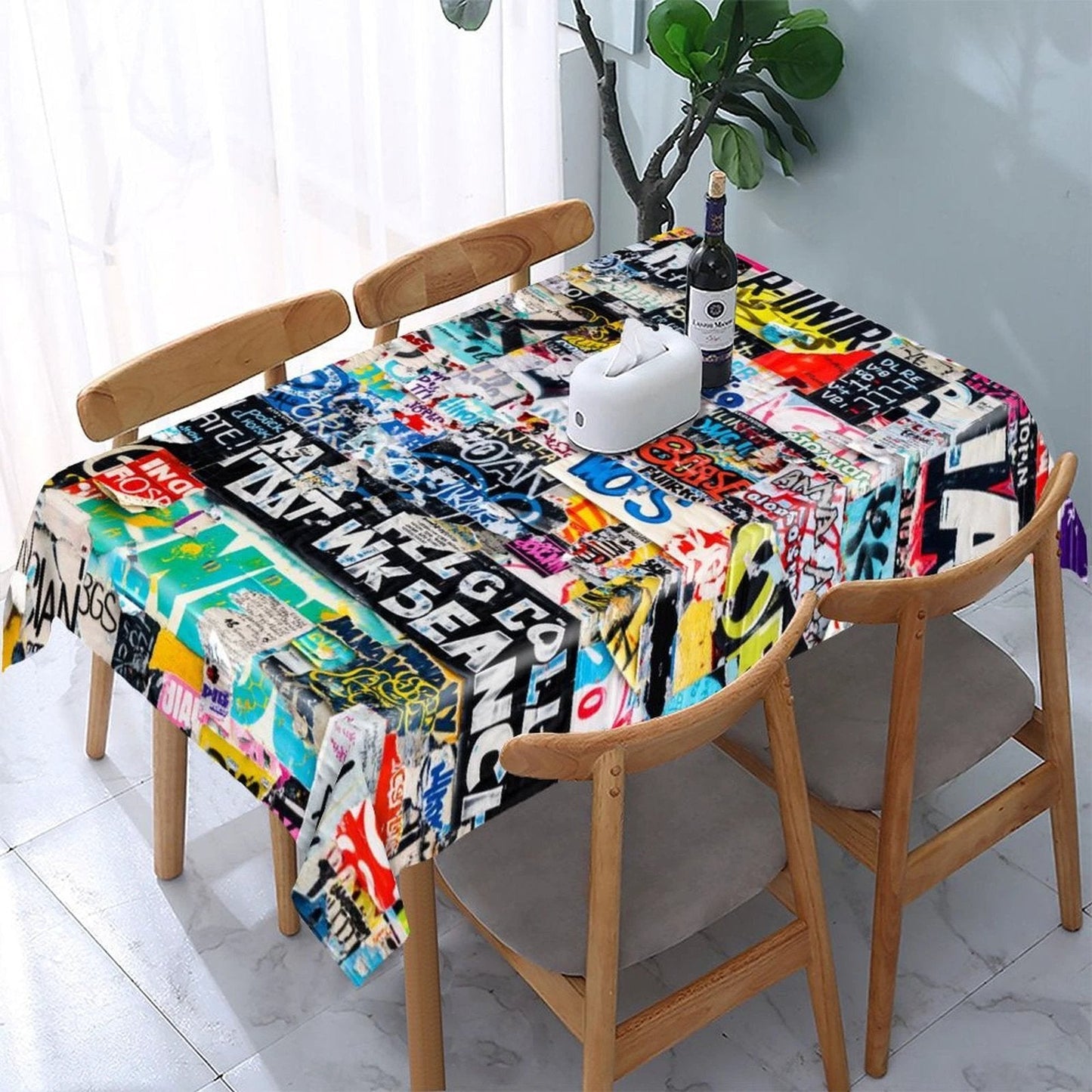 Graffiti Newsprint Tablecloth — Black & White Street-Tag AOP Rectangular Table Cover, Dopamine Dining