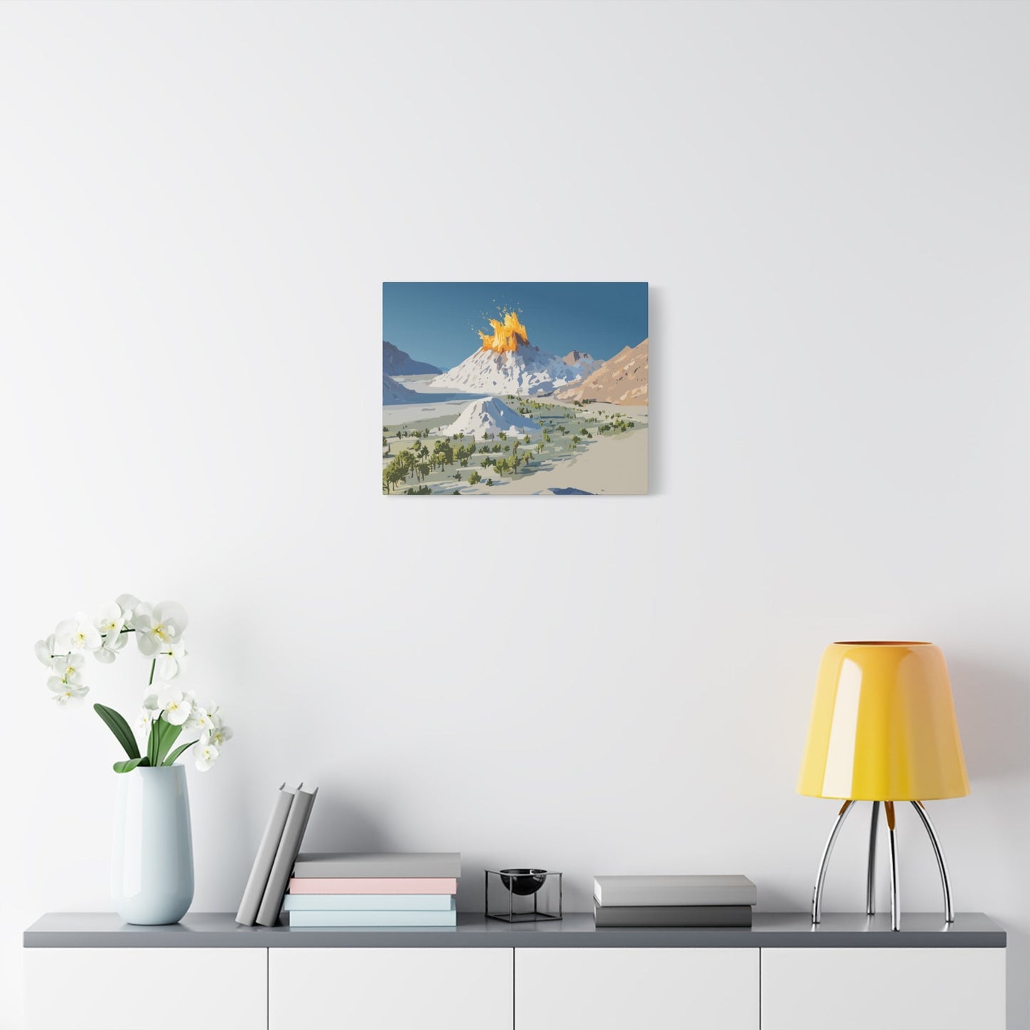 Tropical Volcano Eruption Canvas Wall Art | Stylized National-Park Vector Print on FSC-Certified Stretched Matte Canvas — Mystery Island Decor