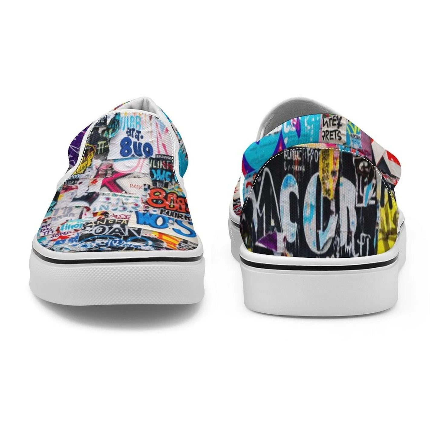 Sticker Bomb Slip-On Shoes — Graffiti Collage AOP Canvas Sneakers, Everyday Street Art Footwear