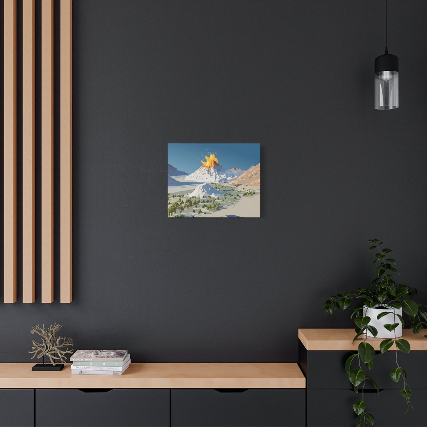 Tropical Volcano Eruption Canvas Wall Art | Stylized National-Park Vector Print on FSC-Certified Stretched Matte Canvas — Mystery Island Decor