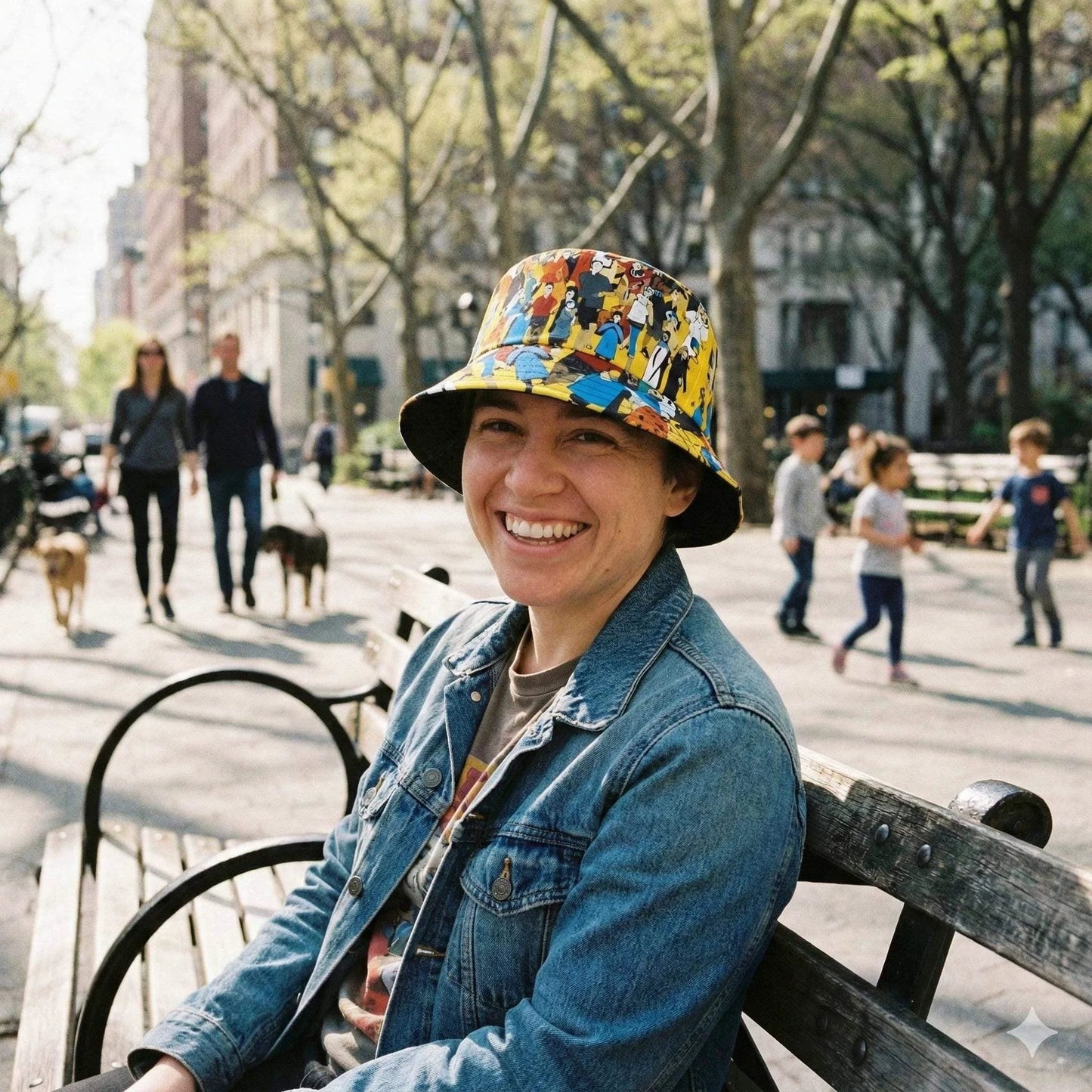Crowd Theory Illustrated Bucket Hat for Urban Maximalists — Dyles Mavis AOP Where's-Waldo Collage, Bold Yellow Festival Headwear, Made in USA