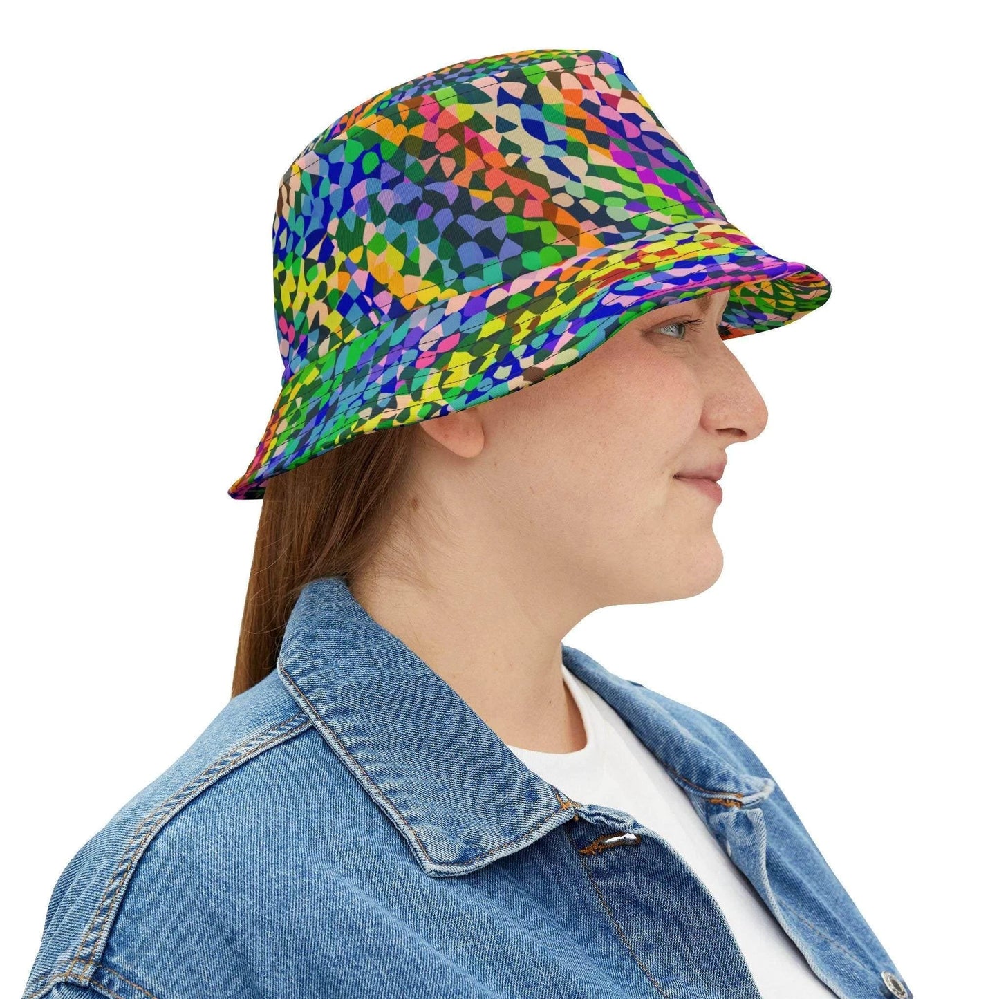 Kaleidoscope Psychedelic Rainbow Bucket Hat for Rave and Festival Dressers — Geometric AOP Sun Hat, Dance Party Trippy Headwear