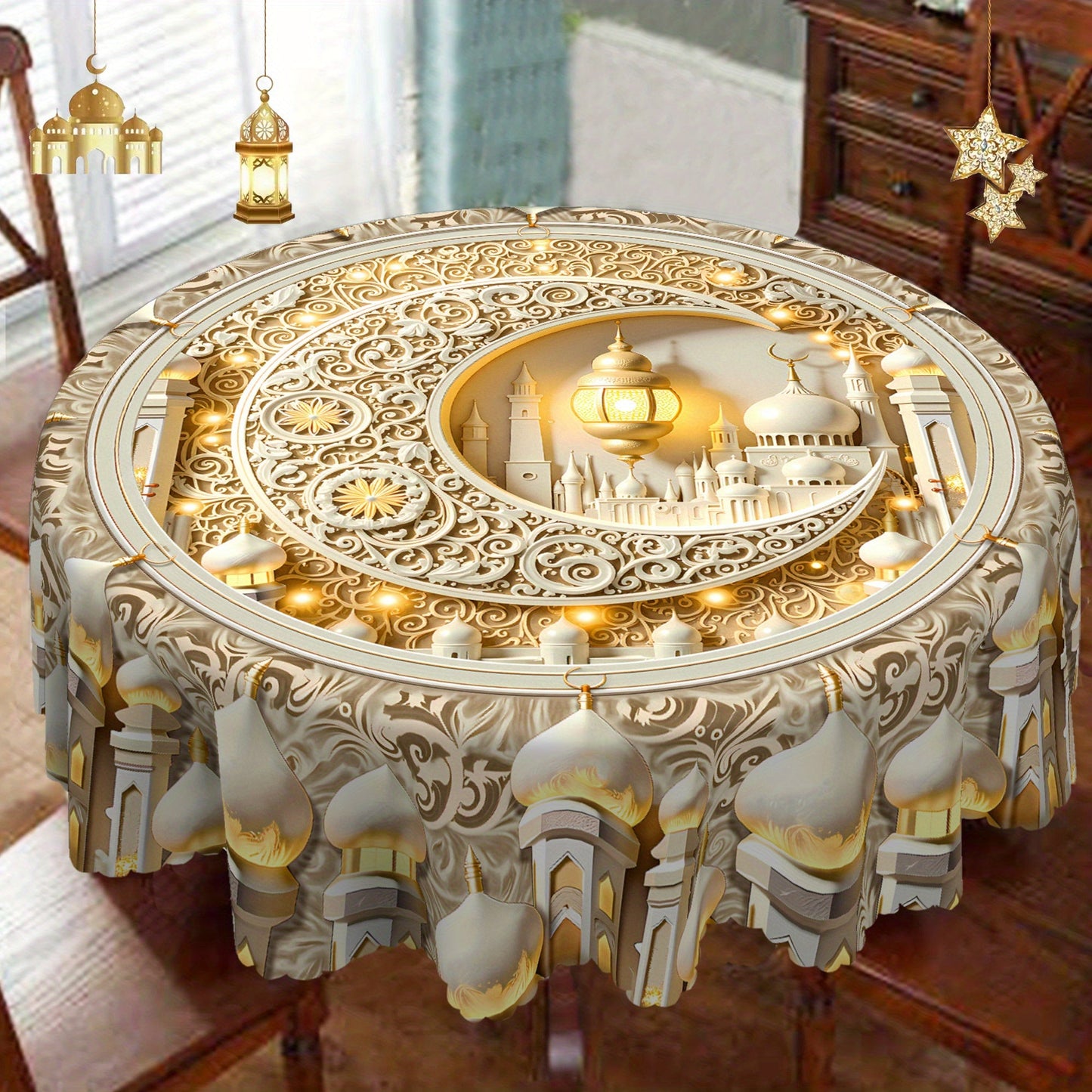 Elegant White Moon & Islamic Architecture Tablecloth TJR9M6D