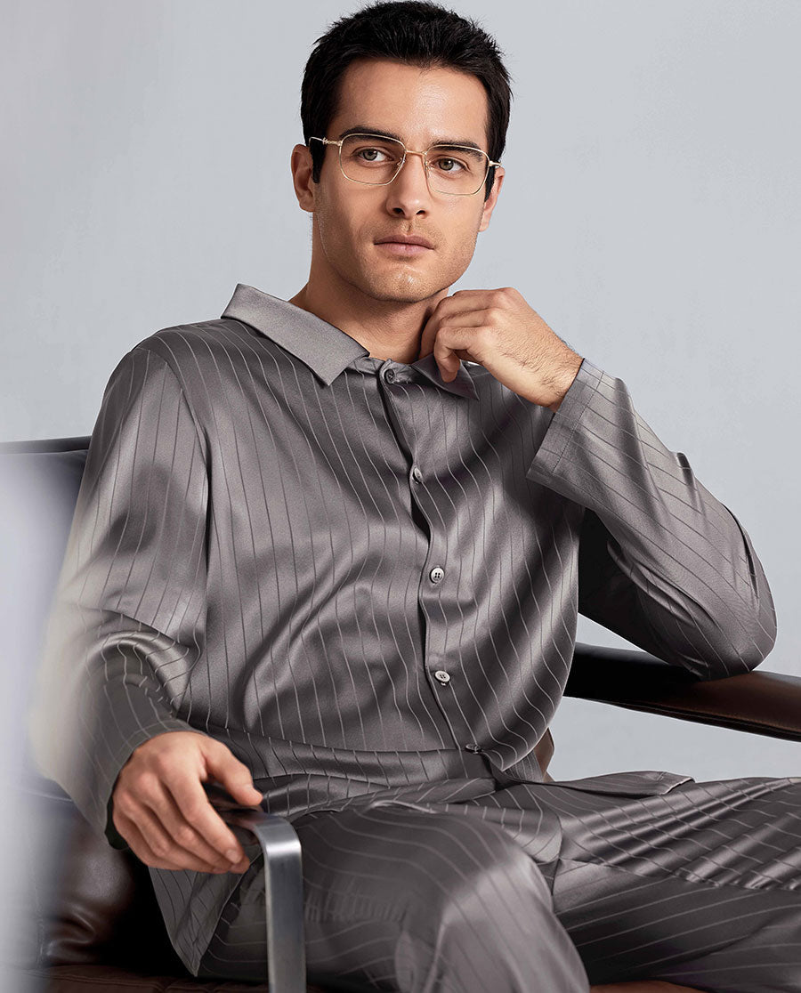 Aimer Men Mulberry Silk Camp Collar Pajama Top