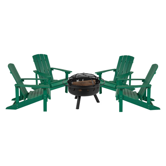5 Piece Charlestown Poly Resin Wood Adirondack Chair Set with Fire Pit - Star and Moon Fire Pit with Mesh Cover