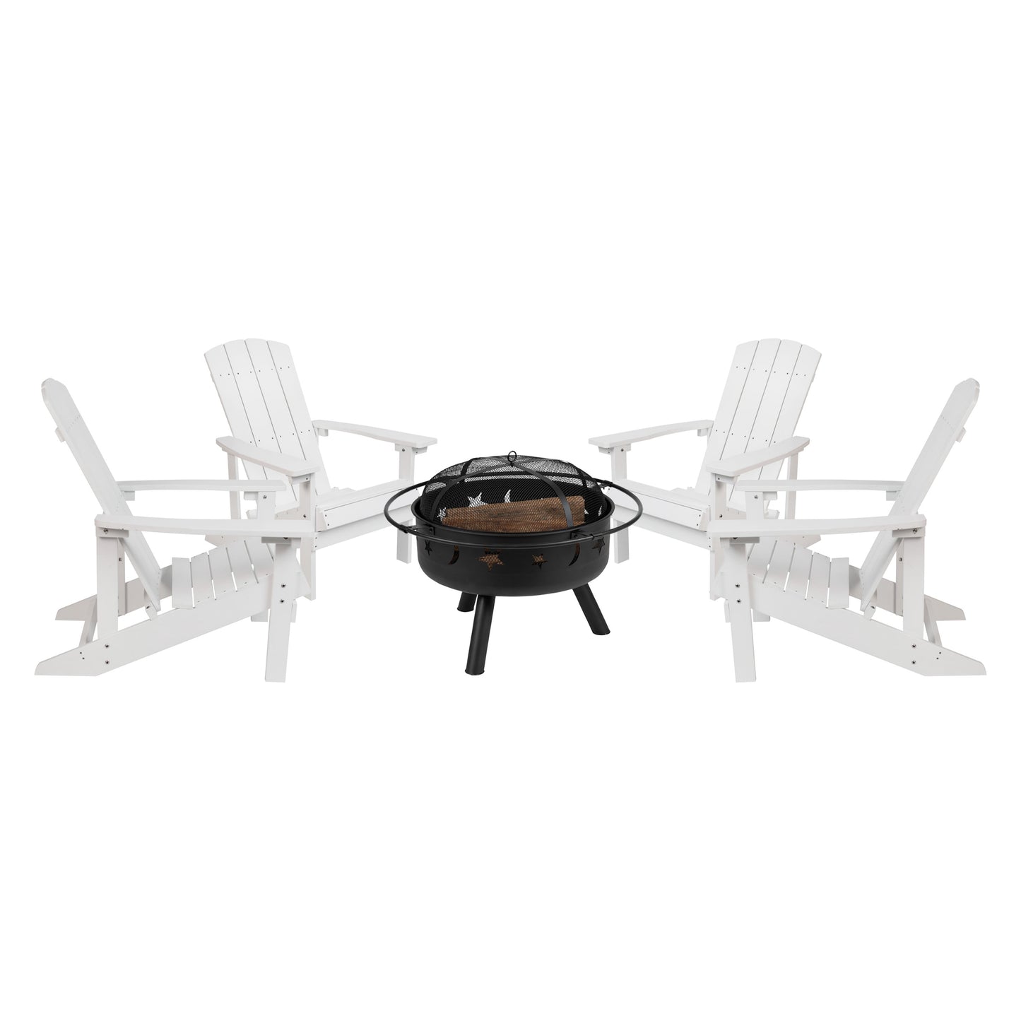 5 Piece Charlestown Poly Resin Wood Adirondack Chair Set with Fire Pit - Star and Moon Fire Pit with Mesh Cover